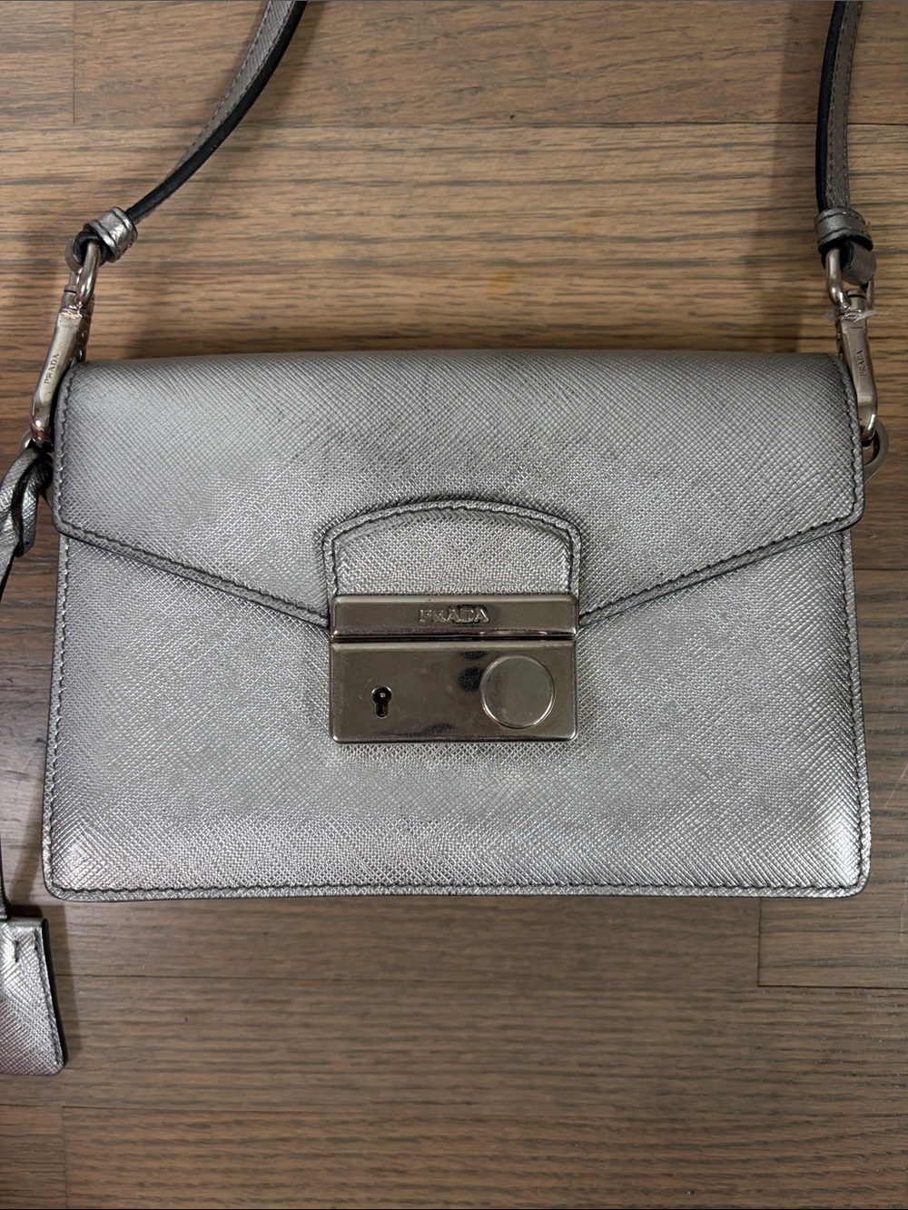 Prada Sound Silver Metallic Saffiano Crossbody Bag w/Removable Strap